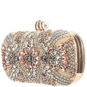 GELSEY GOLD CRYSTAL EMBELLISHED MINAUDIERE CLUTCH- read description